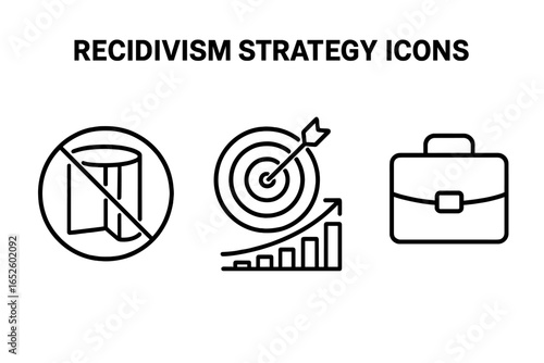 Recidivism strategy icon set. Concepts for reducing reoffending. Symbols for rehabilitation, second chance programs, and prisoner support. Criminal justice reform vector icons.