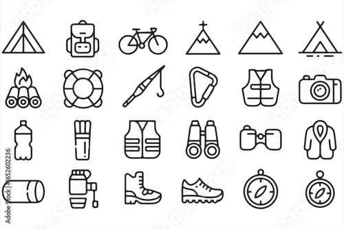 Outdoor adventure and camping gear icons in black and white, including backpacks and tents
