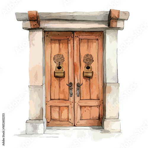 Handdrawn illustration of a weathered wooden door with ornate lionhead knockers