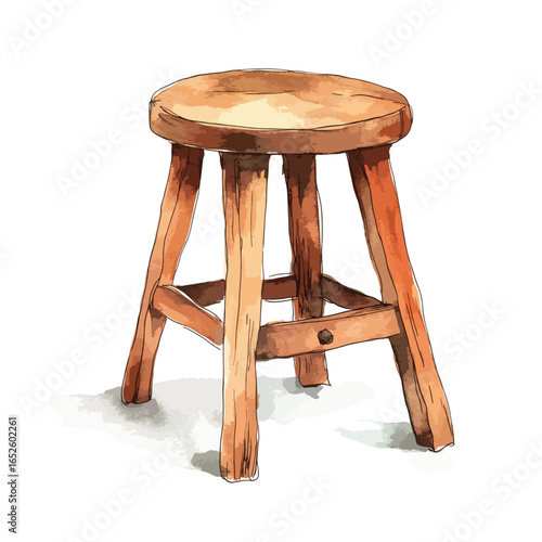 HandDrawn Watercolor Illustration of a Rustic Wooden Stool