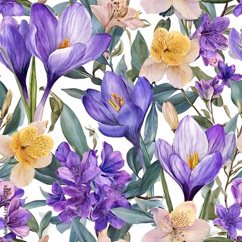 Watercolor Crocus and Azalea Floral Pattern Seamless Background flower