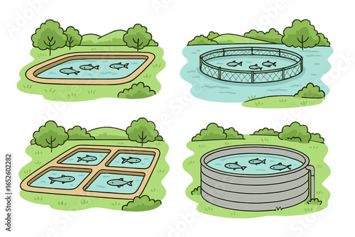 Fish farming aquaculture vector illustration set. Various types of fish ponds, tanks, and net cages for seafood industry. Cartoon graphic of pisciculture and fishery concept.