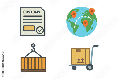 International shipping and global logistics icon set. Vector symbols for customs clearance, worldwide delivery, freight transportation, and cargo import export business.