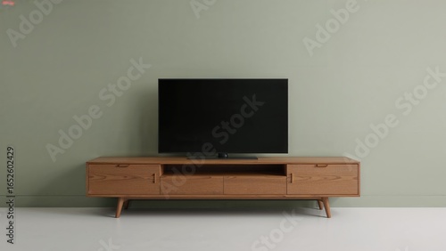 Wallpaper Mural Green accent wall with a sleek TV console in a modern room setup Torontodigital.ca