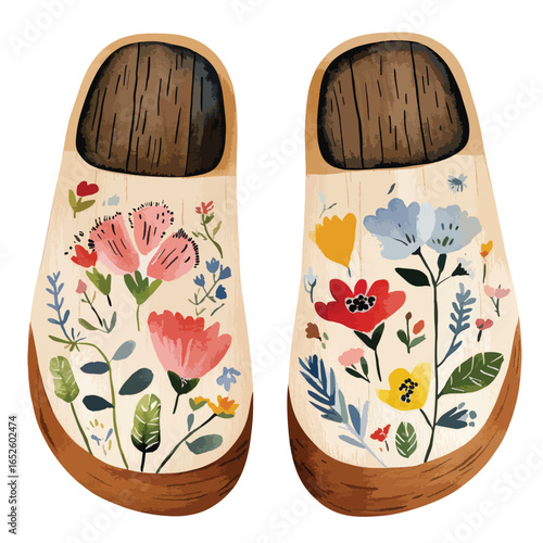 Handpainted wooden clogs adorned with vibrant floral patterns a whimsical design