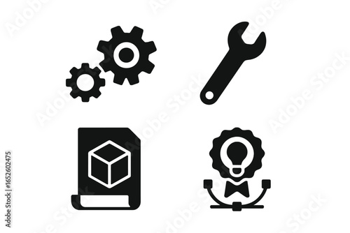 Invention and prototyping icon set. Solid glyph icons for engineering, innovation, and development. Includes gears, wrench tool, 3D model blueprint, and creative idea badge.