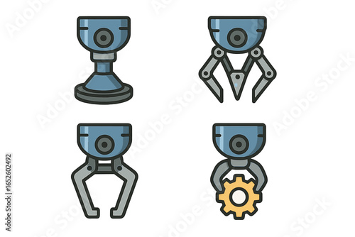Robotic arm gripper icon set for automation. Vector collection of machine claws, suction cups, and pincers for manufacturing and industrial engineering technology concept.