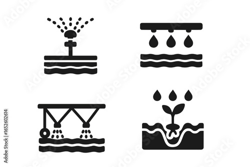 Agriculture irrigation system vector icon set. Smart farming concept. Includes sprinkler, drip irrigation, center pivot, and plant watering symbols. Solid glyph style.