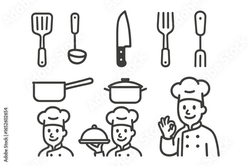Chef and kitchen utensils icon set. Cooking tools line art. Spatula, ladle, knife, pot. Restaurant, culinary, gastronomy pictogram collection. Minimalist vector design.