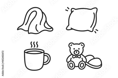 Sleepy Time Routine Icons Set of 4 Cozy Blanket Plush Pillow Warm Milk Mug Teddy Bear Slippers Bedtime Comfort Vector Illustration Outline