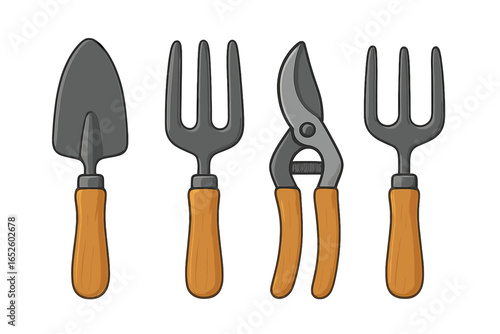 Set of 4 Gardening Tools with Wooden Handles, Hand Trowel, Garden Forks, Pruning Shears, Vector Illustration on Transparent Background