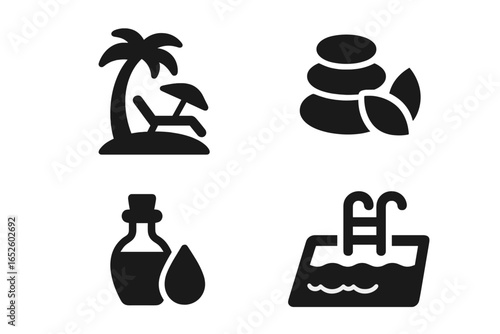Island resort spa solid icon set. Tropical vacation glyphs for wellness and relaxation. Beach lounger, hot stones, massage oil, and swimming pool vector symbols.