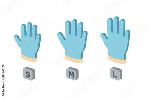 Isometric glove icon set with different sizes S, M, L. Medical or disposable latex gloves for protection. Vector illustration for sizing chart or safety equipment.