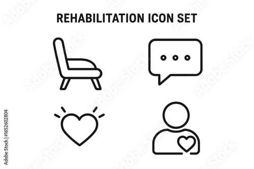 Rehabilitation and counseling services line icon set. Vector icons for psychologist, therapy session, mental health support, empathy, and patient care. Wellness outline symbols.