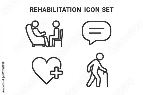 Rehabilitation and therapy line icon set. Counseling, physical therapy, psychology, and medical care concepts. Vector symbols for recovery, health, and disability aid.
