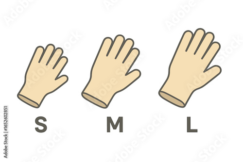 Isometric glove icons showing different sizes S, M, and L. Vector flat icon set of glove sizes and fit options. Small, medium, large glove vector illustrations.