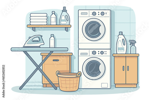 Modern laundry room interior with stacked washer and dryer. Household appliances for washing and cleaning clothes. Ironing board, detergent, and basket. Domestic chore concept.