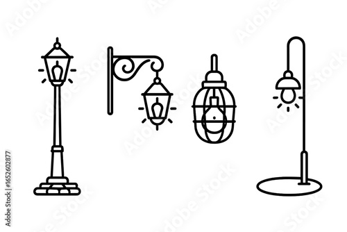 Street Lamp Icon Set. Outline Vector Illustrations of 4 Vintage Street Lamps with Glow Effects, Lamp Posts, Arm Brackets, Bulb Cages, Sidewalk Bases, and Cobblestone Elements