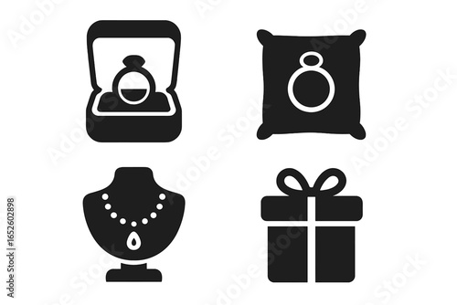Jewelry solid icon set for display and packaging. Vector glyph collection with engagement ring in box, necklace on mannequin, luxury gift present. For retail and proposals.