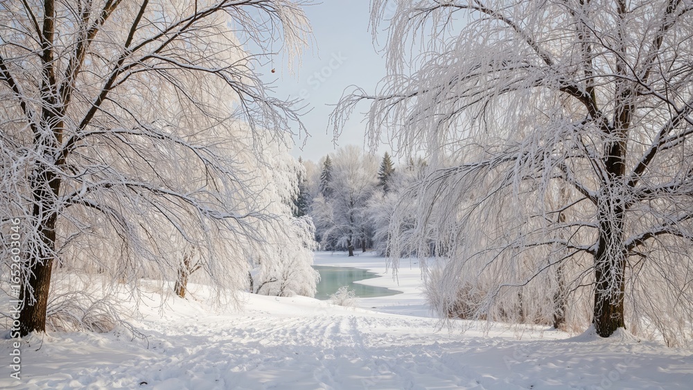 Obraz premium Winter scenery in a park with exquisite, detailed snow-covered views