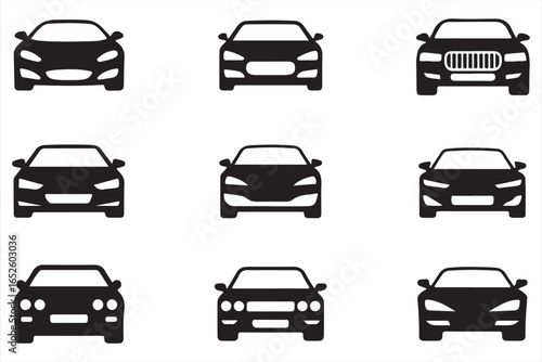 Black and white icons of different vehicle front views, including sedans, SUVs, and coupes