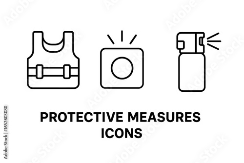 Protective measures outline icon set with bulletproof vest, panic button, and pepper spray. Vector symbols for self-defense, personal safety, security, and emergency alarm.