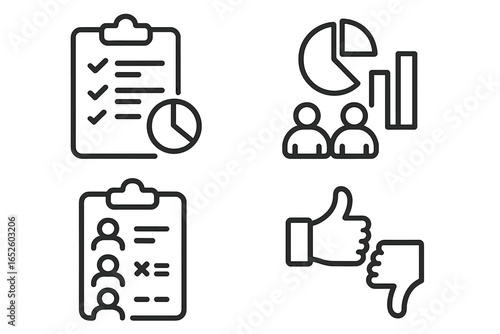 Team performance review icons set, outline style vector illustration of clipboard checklist, pie chart, bar chart, group analysis, approval and disapproval thumbs for business and management