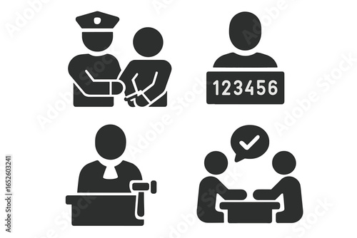 Criminal justice process solid glyph icons set. Law and order concept. Police arrest, booking, mugshot, trial, judge, plea deal, arraignment. Legal system pictogram.