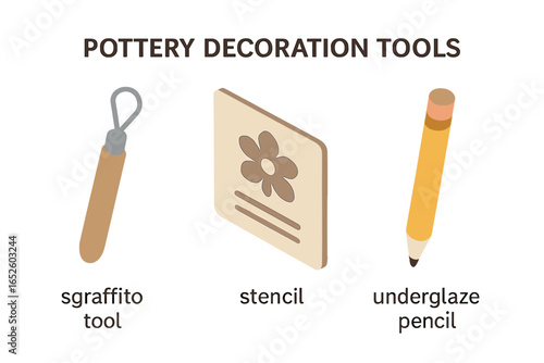 Isometric icon set of pottery decoration tools. Sgraffito tool, flower stencil, and underglaze pencil. Ceramic art, handmade craft, and creative hobby concept vector.