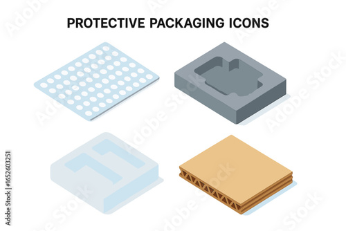 Isometric flat icons of protective packaging materials. Vector collection with bubble wrap, foam insert, styrofoam tray, and corrugated cardboard for safe shipping.