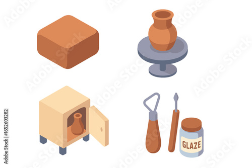 Pottery and ceramics art icon set. Isometric vector illustration of the pottery making process. Includes clay block, potter's wheel, kiln, and sculpting tools with glaze.