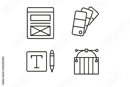 UX Design Icon Set Outline Style with Wireframe, Color Swatches, Typography Text Tool, Pen Tool, and Layout Grid Vector Illustration for UI/UX Workshop