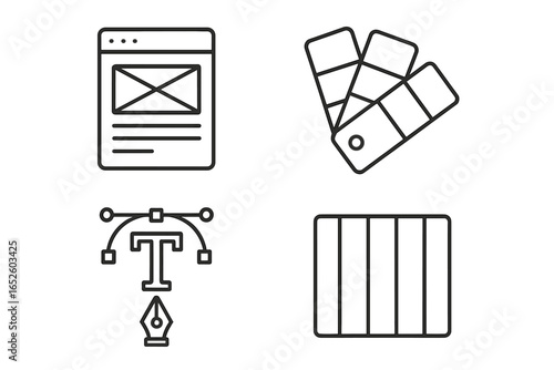 UX Design Iconography Set of 4 Outline Vector Icons for UI Wireframe, Color Swatches, Typography Tool, Pentool, and Layout Grid Illustration