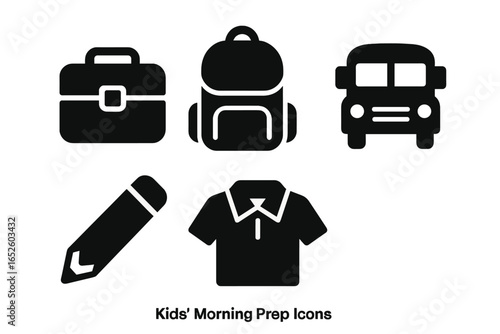 Kids morning prep solid icon set. Back to school supplies concept with lunchbox, backpack, bus, pencil, and uniform shirt. Elementary education vector pictograms.