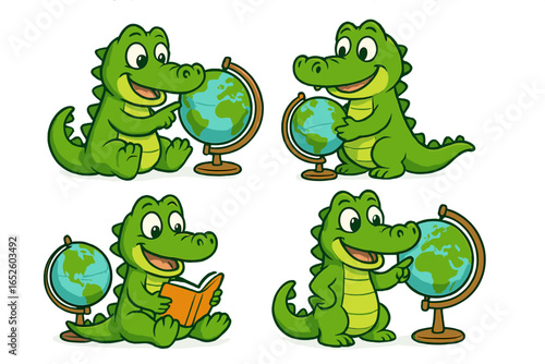 Set of cute cartoon crocodile characters learning geography. Alligator mascot collection for school and education, pointing at world globe, reading a book. Vector illustration.