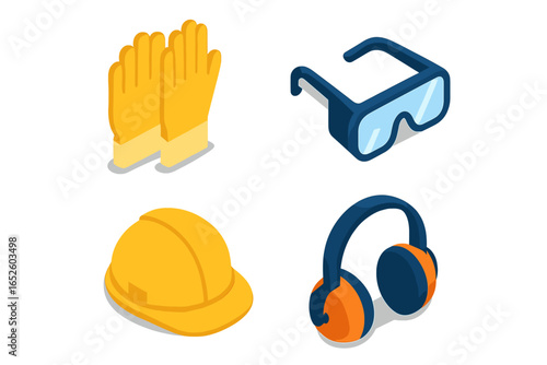 Personal protective equipment icon set. Isometric vector illustration of safety gear for construction and industry. Includes hardhat, gloves, safety goggles, and earmuffs.