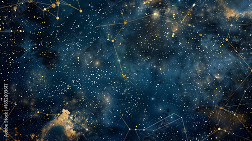 Elegant zodiac constellation symbols in gold, watercolor galaxy