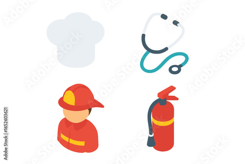 Isometric vector icon set of different professions for kids pretend play. Flat design collection includes chef hat, doctor stethoscope, firefighter character and fire extinguisher.