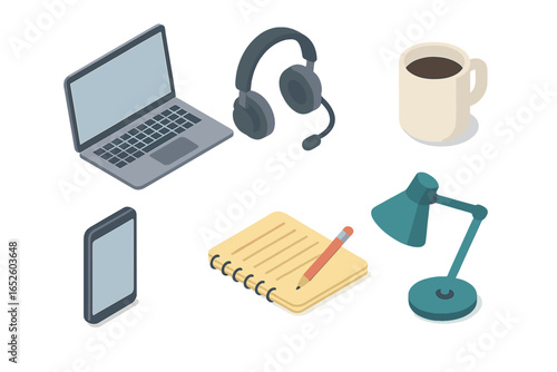 Remote work from home office isometric 3d icons. Laptop computer headset with microphone coffee mug smartphone notepad pencil desk lamp. Business freelance vector illustration.