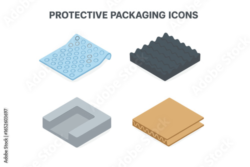 Isometric protective packaging icon set. Bubble wrap sheet, convoluted foam, styrofoam insert, and corrugated cardboard for safe shipping and fragile goods. Vector icons.