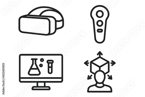 Virtual Reality Icons Set of 4 with VR Headset Motion Controller Virtual Lab 3D Model Human Interaction Digital Learning Concept Vector Illustration