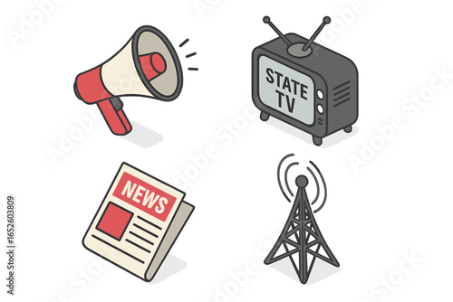 Propaganda isometric icon set. Media control, fake news, and disinformation concept. Vector illustration of a megaphone, state TV, newspaper, and radio tower for censorship.