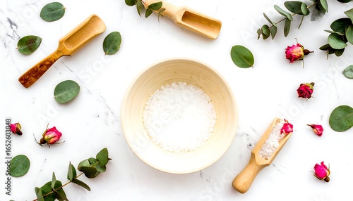 Spa-themed flatlay with bowl of salt and wooden implements