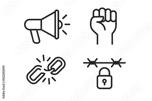 Protest icon set. Resistance and human rights concepts. Vector outline symbols: megaphone, clenched fist, broken chain, barbed wire. Activism, freedom, liberty, revolution.
