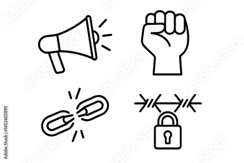 Protest and resistance icon set. Megaphone for voice, clenched fist for power, broken chain for freedom, and padlock on barbed wire for oppression. Line art vector icons.