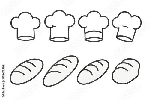 Set of chef hat and bread loaf icons in a simple line art style. Vector collection of baker and cook symbols for culinary branding, restaurant logos, bakery menus, and food business design elements.
