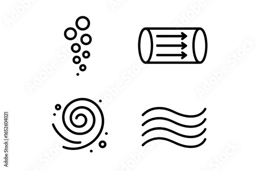 Water Flow Icon Set with Bubble Streams, Laminar Flow Tube, Eddy Swirl, and Current Wave Vector Illustrations on Transparent Background, Fluid Dynamics Symbols