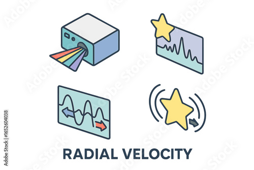 Radial velocity icon set. Isometric astronomy icons. Doppler shift, redshift, blueshift, star wobble, and spectrograph. Exoplanet detection method vector illustration.