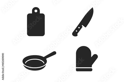 Kitchen tools icon set. Solid glyph collection for cooking and food preparation. Vector symbols of cutting board, chef knife, skillet, and oven mitt for culinary design.