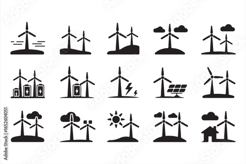 Black Silhouette Icons of Wind Turbines and Renewable Energy Sources